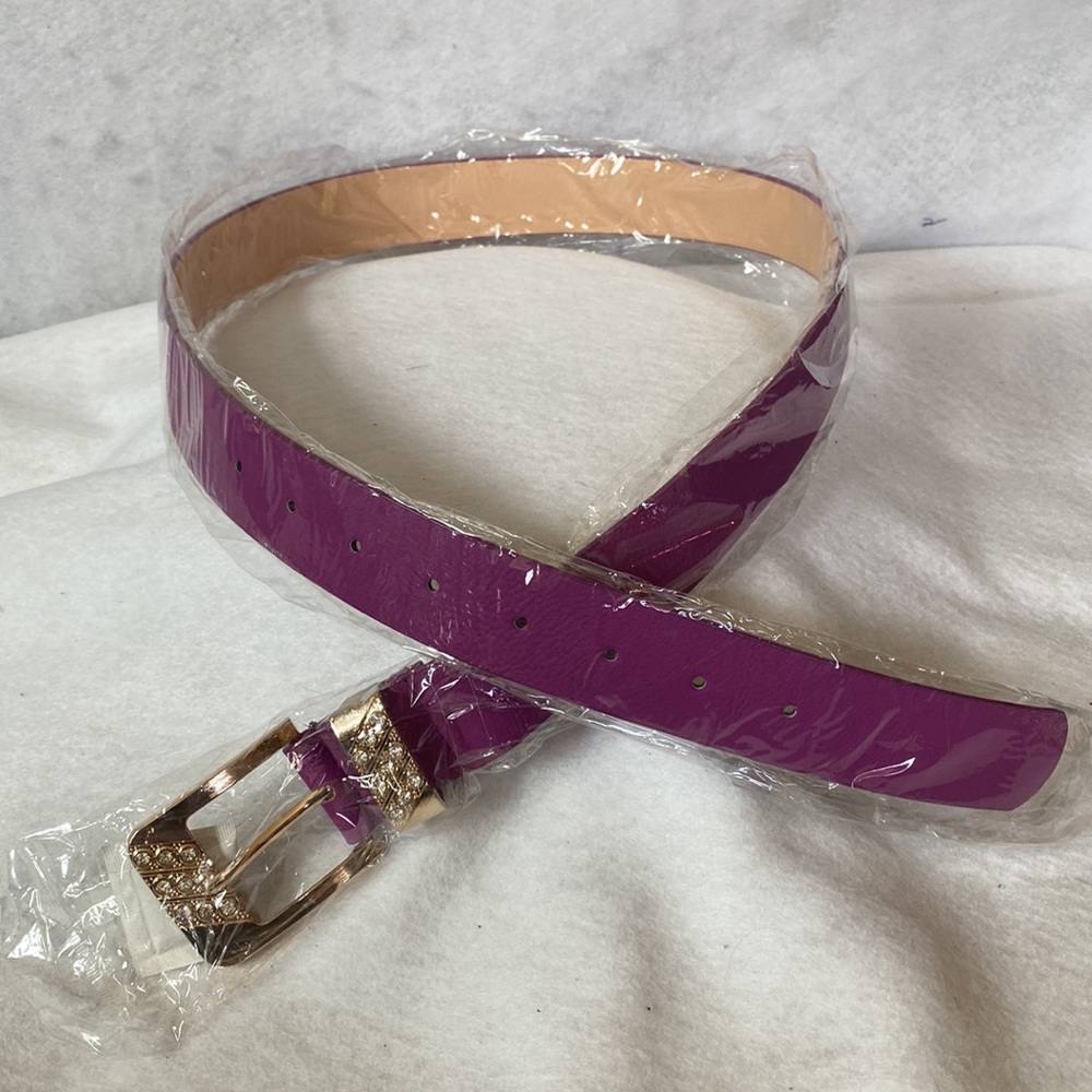 Purple Faux Leather Belt With Rhinestone Buckle
